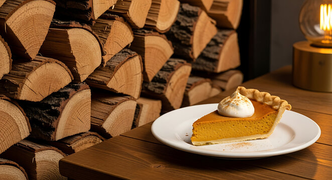 A slice of pumpkin pie with whipped cream next to a stack of firewood on a wooden table top ai generated