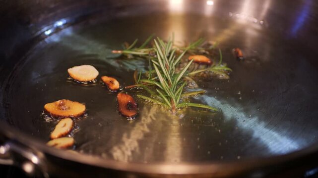 Close-up shot of the slices of garlic and a sprig of rosemary sizzle in hot oil in a steel pan