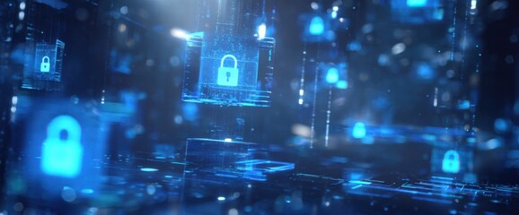 Abstract digital display of security locks in a dark blue environment.  Floating, glowing, translucent lock icons in a 3D grid network against a dark background, with many light particles and streaks