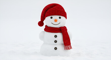Snowman Wearing Red Hat and Scarf Standing in Fresh Snow During Winter