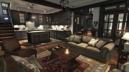 Elegant open concept living room and kitchen with dark wood accents design