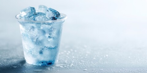 Obraz premium Refreshing ice in a cup for summer celebrations. Plastic cup with melting ice