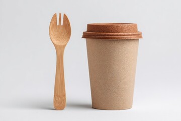 A light brown, disposable paper coffee cup with a matching lid sits beside a small, light-colored wooden spork on a white background