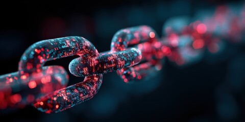 A chain link,  glowing with red and blue,  complex data patterns