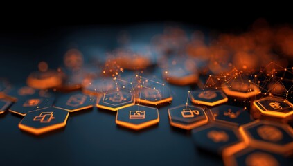 Abstract digital interface with glowing hexagonal icons
