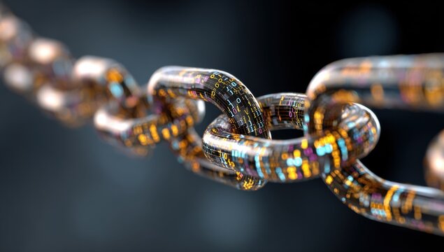 A metallic chain link, intricate, detailed, with colorful digital data embedded