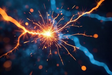 Close-up of sparking electrical wires, high voltage energy arcing, vibrant blue and orange flashes, chaotic energy, powerful electricity , high energy, light, intense
