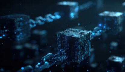 Dark, glowing cubes linked by chains.  Digital, interconnected