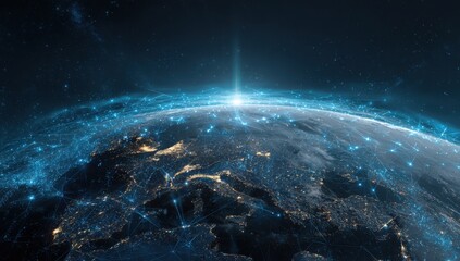 Obraz premium Global network connecting Earth. A high-resolution image of the Earth, showing a network of lines connecting major cities and continents. Light emanating from the horizon