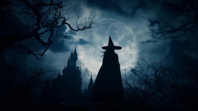 Halloween witch standing on rock mountain over dead tree, grunge castle, full moon and cloudy spooky sky, Halloween mystery concept