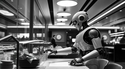 Robot waiter in modern restaurant.