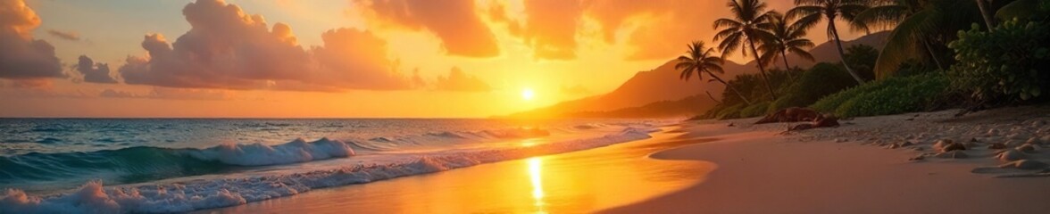 Golden Hawaiian sunset casts a warm glow over a tranquil beach, soft sand meets gentle waves, palm trees sway in the breeze Paradise found , ocean, holiday