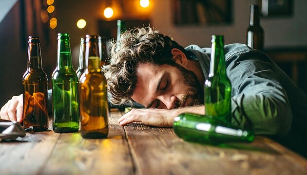 A man asleep at a table surrounded by empty beer bottles