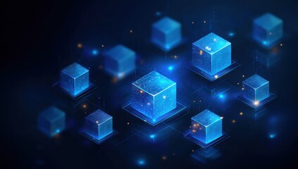 Abstract digital network of glowing blue cubes
