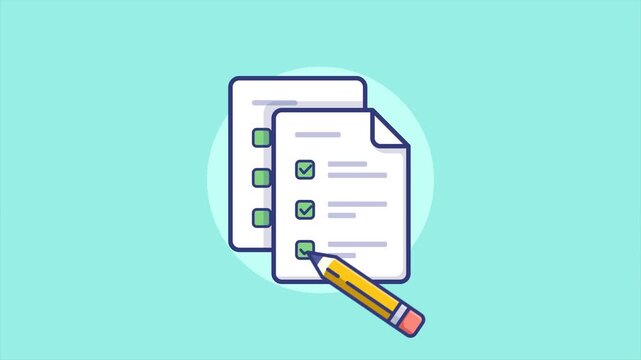 4K animation of a checklist with checkboxes and a pencil, symbolizing organization, evaluation, and task completion.