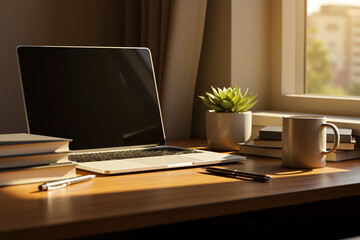 Fototapeta premium Modern Workspace with Laptop, Coffee, and Books by the Window