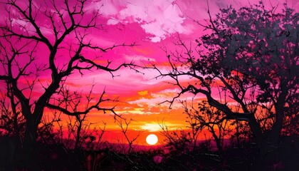 Vivid sunset landscape featuring silhouetted trees against a bright pink, orange, and yellow sky. Sun is setting over the horizon. Atmospheric and scenic