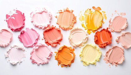 An array of colorful, textured smears on a plain background, showcasing a gradient from pinks to oranges and yellows. Smooth, thick texture is visible