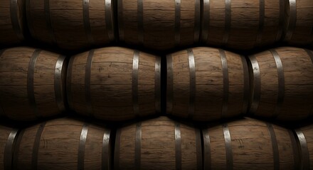 Stacked wooden barrels