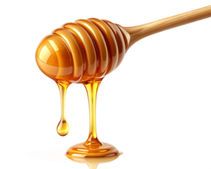 Glossy golden honey dripping smoothly with small droplets  isolated on white background ,PNG. AI Generated.