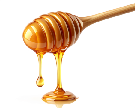 Glossy golden honey dripping smoothly with small droplets  isolated on white background ,PNG. AI Generated.