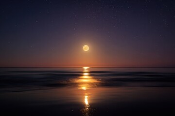 Full moon over a placid ocean at sunset.  A serene coastal scene at night