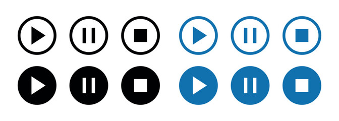 Play Pause Stop Buttons Set, Circular Media Control UI Symbols Vector Pack for Web, App and Multimedia Interface on Transparent Background