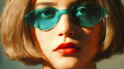 A Halftone Poster style Portrait of a Young Woman with Teal Sunglasses and Red Lips, Featuring a Dramatic Shadow, Conveying a Retro Pop Art Aesthetic