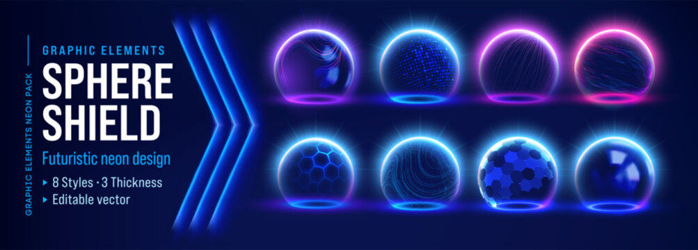 Shield sphere protect dome with 3d energy force field bg blue glass. Globe effect vector barrier abstract background or space bubble. Technology safety hexagon element ball grid power defense glow.