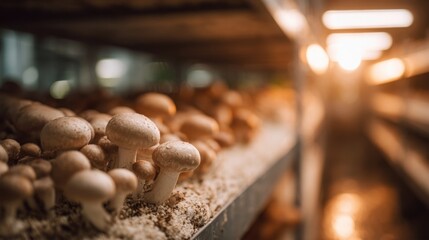 Obraz premium Mushrooms growing on shelves in a dimly lit indoor farm. The scene captures various sizes and shapes of mushrooms, showcasing agricultural production.