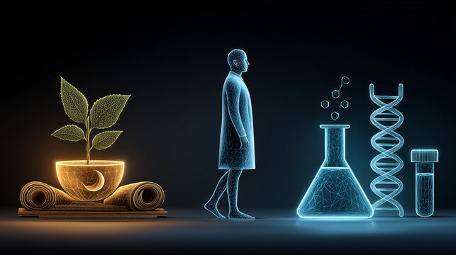 symbolic triptych artwork. traditional herbs Ayurveda, unani, human silhouette, and modern medical science medicines, herbal remedies vs. contemporary pharmaceutical approaches in healthcare