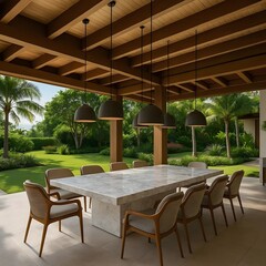 Fototapeta premium Luxurious Outdoor Dining Area on a Patio with a Lush Garden