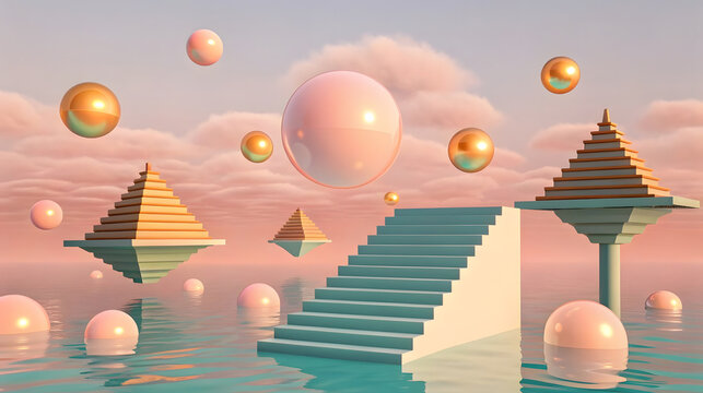 Surreal pastel sky with floating pyramids and spheres over water