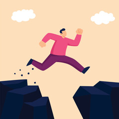 An illustration of a man bravely jumping from one cliff to another, representing a concept of courage, taking risks, facing challenges, and the determination to succeed.