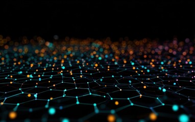 Obraz premium Abstract digital network. Hexagonal grid of glowing points and lines with varied colors