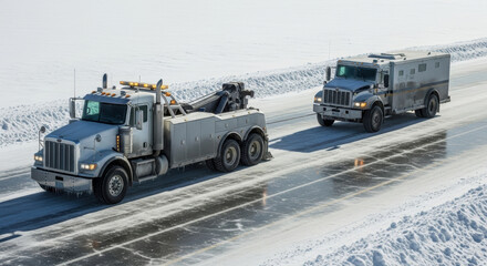 Heavy duty tow truck towing armored truck on icy winter road. Roadside assistance and recovery service for truck.