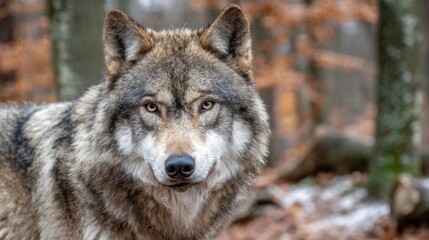 Fototapeta premium A majestic gray wolf gazes intently from the edge of a forest, surrounded by brown leaves and trees. This moment captures the beauty of wildlife in a serene, early winter setting.