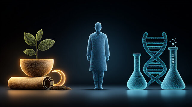 symbolic triptych artwork. traditional herbs Ayurveda, unani, human silhouette, and modern medical science medicines, herbal remedies vs. contemporary pharmaceutical approaches in healthcare