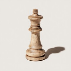 A light-hued wooden chess queen piece, standing upright against a neutral backdrop, casts a subtle shadow.  Its design is simple, yet elegant, showcasing the wood grain