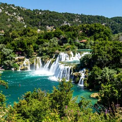 Obraz premium Lush waterfall cascading into turquoise water