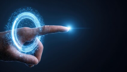 A hand with a glowing, circular interface.  A finger points at a glowing, ethereal ring