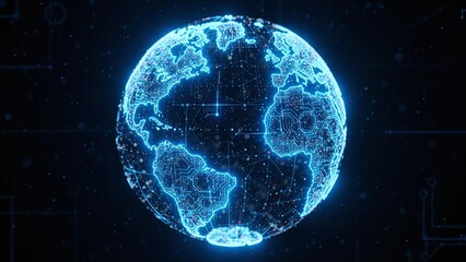 A glowing digital globe built from circuits and neural connections, futuristic holographic design symbolizing the worldwide artificial intelligence network and global technology integration.