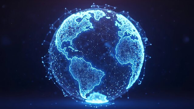 A glowing digital globe built from circuits and neural connections, futuristic holographic design symbolizing the worldwide artificial intelligence network and global technology integration.
