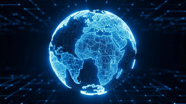 A glowing digital globe built from circuits and neural connections, futuristic holographic design symbolizing the worldwide artificial intelligence network and global technology integration.