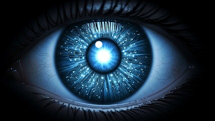 A glowing cybernetic eye with digital circuits and futuristic iris, hyper-realistic design representing artificial intelligence perception, vision technology, and advanced machine learning.