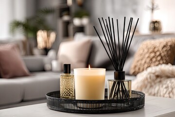 A lit candle, reed diffuser, and perfume bottle rest on a mirrored tray atop a coffee table, blurred living room background
