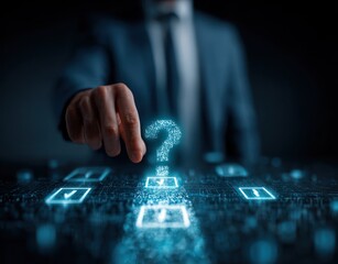 A suited figure reaches for a glowing, digital question mark above lit squares on a dark, textured surface suggestive of circuit boards