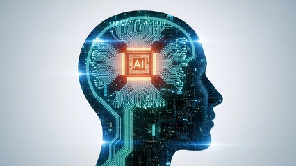 Human head silhouette filled with glowing digital circuits and AI chip, futuristic concept art symbolizing human intelligence merging with artificial intelligence technology.