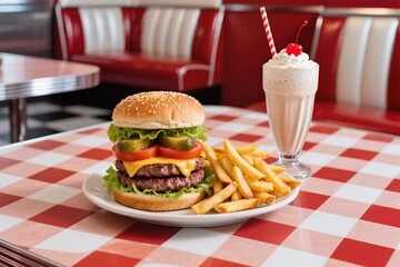 A delicious hamburger served with crispy fries and a delightful milkshake in a charming retro diner ambiance
