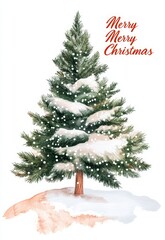 Christmas tree text "Merry Christmas" greeting vintage card, red background, brush strokes, hand drawn
